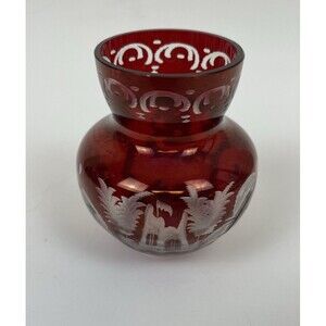 Vintage Egermann Czech Ruby Red Cut to Clear Etched Glass Mini Vase 3"